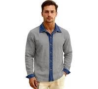 Men's Linen Denim Collared Long Sleeve Shirt Classic Fit Button Down Top for Summer Beach Vacation Outfits