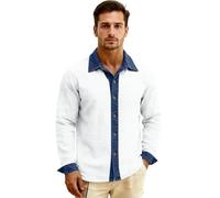 Men's Linen Denim Collared Long Sleeve Shirt Classic Fit Button Down Top for Summer Beach Vacation Outfits