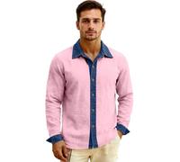 Men's Linen Denim Collared Long Sleeve Shirt Classic Fit Button Down Top for Summer Beach Vacation Outfits