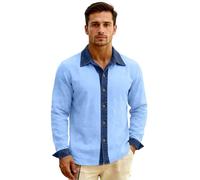 Men's Linen Denim Collared Long Sleeve Shirt Classic Fit Button Down Top for Summer Beach Vacation Outfits