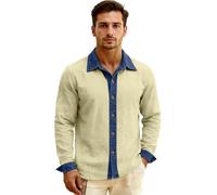 Men's Linen Denim Collared Long Sleeve Shirt Classic Fit Button Down Top for Summer Beach Vacation Outfits