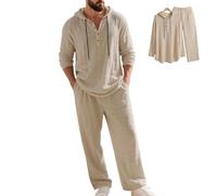 Men's Linen Hooded Casual Loose 2-Piece Set, Hooded Casual Yoga Shirts Long Sleeve Linen Suit (Khaki,XXL)