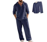 Men's Linen Hooded Casual Loose 2-Piece Set, Hooded Casual Yoga Shirts Long Sleeve Linen Suit (Navy Blue,L)