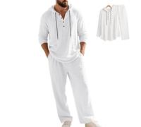 Men's Linen Hooded Casual Loose 2-Piece Set, Hooded Casual Yoga Shirts Long Sleeve Linen Suit (White,S)