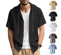 Men's Linen Hoodie Lightweight Button Up Short Sleeve Shirts with Hood, Summer Casual Lightweight Beach Tops for Men (Black,XL)