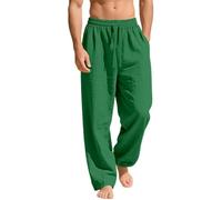 Mens Linen Pants Drawstring Relaxed Fit Straight Leg Casual Trousers (Green,S)