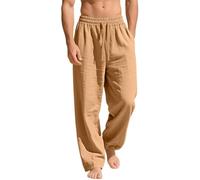 Mens Linen Pants Drawstring Relaxed Fit Straight Leg Casual Trousers (Yellow,M)