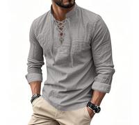 Mens Linen Shirts Short Sleeve, Drawstring V Neck Mens Pirate Shirt, Casual Beach Summer Top (Gary,XXL)