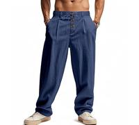 Mens Linen Trousers Pleated Front Relaxed Straight Leg (Dark Blue,M)