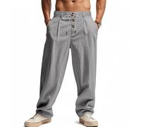 Mens Linen Trousers Pleated Front Relaxed Straight Leg (Gray,3XL)