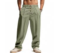 Mens Linen Trousers Pleated Front Relaxed Straight Leg (Green,XL)