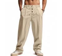 Mens Linen Trousers Pleated Front Relaxed Straight Leg (Light Khaki,L)