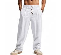 Mens Linen Trousers Pleated Front Relaxed Straight Leg (White,M)