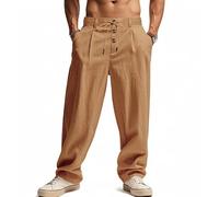 Mens Linen Trousers Pleated Front Relaxed Straight Leg (Yellow,3XL)