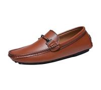 Men's Loafers Driving Shoes for Party Slip On Comfortable Lightweight PU Leather Round Toe Flat Heel Flexible Walking(Brown,45 EU)