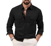 Mens Long Sleeve Button Down Shirt Two Flap Pockets Casual Workwear Top (Black,XL)