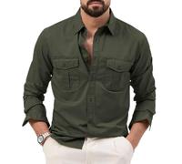 Mens Long Sleeve Button Down Shirt Two Flap Pockets Casual Workwear Top (Green,XL)