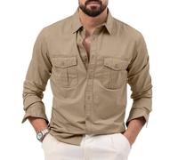 Mens Long Sleeve Button Down Shirt Two Flap Pockets Casual Workwear Top (Khaki,L)