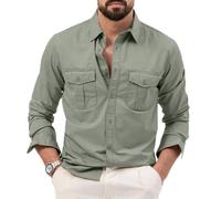 Mens Long Sleeve Button Down Shirt Two Flap Pockets Casual Workwear Top (Light Green,S)