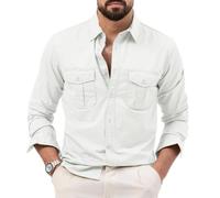 Mens Long Sleeve Button Down Shirt Two Flap Pockets Casual Workwear Top (White,XXL)