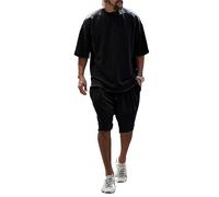 Men's Outfits Suit Set 2-Piece Tracksuit Activewear Sweatshirts Solid Color Breathable Men Casual Short Sleeve Mens T-Shirt A-Black1 L