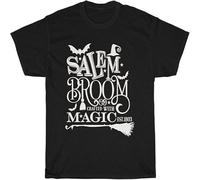 Men's Short Sleeve?Salem Broom Crafted Magic Salem Witch Autumn T Shirt Fall Witchcraft tee?Shirt Top Black S