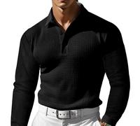 Men's Simple Solid Color Waffle Lapel Long Sleeve Polo Shirt, Mens Long Sleeve Shirts(Black,XXL)