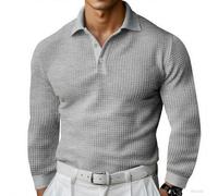 Men's Simple Solid Color Waffle Lapel Long Sleeve Polo Shirt, Mens Long Sleeve Shirts(Grey,3XL)