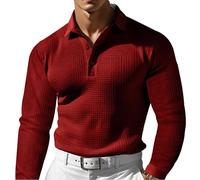 Men's Simple Solid Color Waffle Lapel Long Sleeve Polo Shirt, Mens Long Sleeve Shirts(Red,XXL)