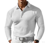 Men's Simple Solid Color Waffle Lapel Long Sleeve Polo Shirt, Mens Long Sleeve Shirts(White,3XL)