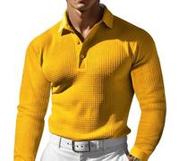 Men's Simple Solid Color Waffle Lapel Long Sleeve Polo Shirt, Mens Long Sleeve Shirts(Yellow,XL)
