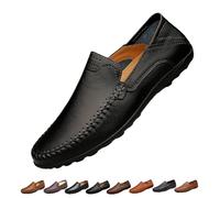 Mens Slip On Leather Loafers, Wide Fit Flat Walking Loafer Shoes, Anti-Slip Driving Moccasins(Black,44 EU)