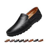 Mens Slip On Leather Loafers, Wide Fit Flat Walking Loafer Shoes, Anti-Slip Driving Moccasins(Black Fleece,41 EU)