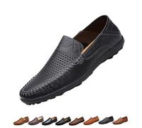 Mens Slip On Leather Loafers, Wide Fit Flat Walking Loafer Shoes, Anti-Slip Driving Moccasins(Black Hollow,44 EU)