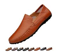 Mens Slip On Leather Loafers, Wide Fit Flat Walking Loafer Shoes, Anti-Slip Driving Moccasins(Brown,38 EU)