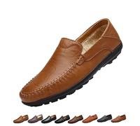 Mens Slip On Leather Loafers, Wide Fit Flat Walking Loafer Shoes, Anti-Slip Driving Moccasins(Brown Fleece,42 EU)
