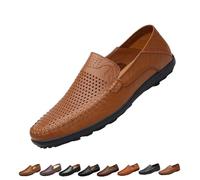 Mens Slip On Leather Loafers, Wide Fit Flat Walking Loafer Shoes, Anti-Slip Driving Moccasins(Brown Hollow,40 EU)