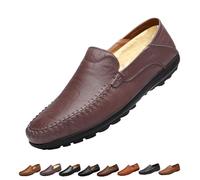 Mens Slip On Leather Loafers, Wide Fit Flat Walking Loafer Shoes, Anti-Slip Driving Moccasins(Dark Brown Fleece,43 EU)