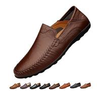 Mens Slip On Leather Loafers, Wide Fit Flat Walking Loafer Shoes, Anti-Slip Driving Moccasins(Dark Brown,39 EU)