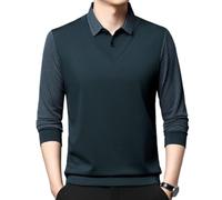Men's Striped Lapel Fake Business Casual Long Sleeve Polo Tops Two-Piece Shirt Long Sleeve Polo Shirts (Blue,M)