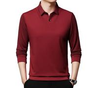 Men's Striped Lapel Fake Business Casual Long Sleeve Polo Tops Two-Piece Shirt Long Sleeve Polo Shirts (Wine,XXL)