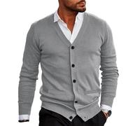 Mens Sweater Casual Slim Fit Solid Color Mens Knitted Coat V-Neck Button Placket Men Cardigan Simplicity All-Match Men Knit Sweater F-Light Grey M