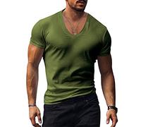 Men's Tshirt Men's V-Neck Solid Color Men's Summer T-Shirt Round Neck Slim Fit Men's T-Shirt Sweatshirt Short Sleeve E-Army Green M