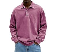 Mens Vintage Polo Shirts Long Sleeve Lapel Golf Tops Button Shirt Cotton Washed Distressed Tops Sweatshirt Pullover (Pink,4XL)