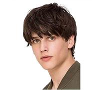 Men's Wig, Short Straight Brown Hair Short Fluffy Brown Short Curly Hair, Angled Bangs with Bangs Hair