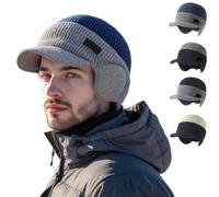Men's Winter Knitted Earflap Hat, Winter Beanie with Brim and Ear Flaps, Outdoor Warm Fleece Line Knitted Stocking Caps (Navy)