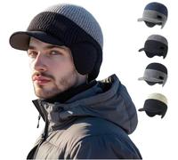 Men's Winter Knitted Earflap Hat, Winter Beanie with Brim and Ear Flaps, Outdoor Warm Fleece Line Knitted Stocking Caps (Black)