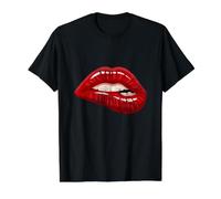 Men's Women's Illustration Red Biting Lips Graphic Design Camiseta gráfica económica, Hombre, Negro, L