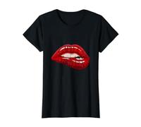 Men's Women's Illustration Red Biting Lips Graphic Design Camiseta gráfica económica, Mujer, Negro, S