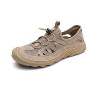 Men's Work Shoes Sports Outdoor Sandals for Men Perforated Shoes Adjustable Elastic Bands Mesh Genuine Leather Climbing Hiking Traveling Non-Slip Lightweight Mountain Bike Shoes (Khaki 39 M EU)